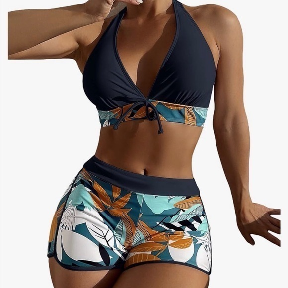 shehen tropical bikini- halter w pads & boy shorts - Picture 1 of 3
